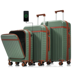 Luggage Set of 3, 20inch with USB Port, front opening design Airline Certified Carry on Luggage, ABS Hard Shell Luggage with Spinner Wheels,Green