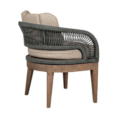 Orbit Outdoor Patio Dining Chair in Weathered Eucalyptus Wood with Gray Rope and Taupe Olefin Cushions