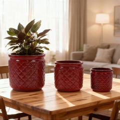Handmade Ceramic Planter Set of 3, 15/12/9 Inch Diameter, Burgundy Diamond-Pattern, for Orchids & Indoor Plants, Windowsill & Bookshelf Use, Breathable Clay