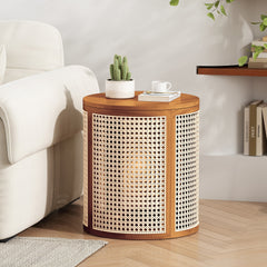 15.70" Round End Table, Hollow Woven Side Table, Small Rubber Wood Nightstand, Rattan Woven Tea Desk, Round Wood Tabletop, Chic Home Decor Desk, Easy Assembly, Ochre Color