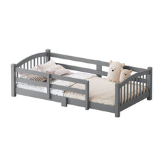 Twin Montessori Floor Bed with Slats and Safety Guardrails, Solid Wood Floor Bed with Fence and Without Door, Easy Assemble Montessori Bed for Girls and Boys, Gray