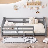 Twin Montessori Floor Bed with Slats and Safety Guardrails, Solid Wood Floor Bed with Fence and Without Door, Easy Assemble Montessori Bed for Girls and Boys, Gray
