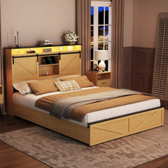 Farmhouse Full Size Bed Frame with Storage Headboard and Drawers,Charging Station & LED Lights,Natural