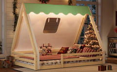 Full Size House Floor Bed with Tent and Light, Solid Wood Teepee Floor Bed with Full-length Guardrails, Montessori and Childlike Design,Natural+Green