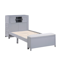Gray Finish Twin Platform Bed with Bookcase Headboard Drawers Hidden Desk Stool Footboard Storage Bench Bedroom Furniture 1pc