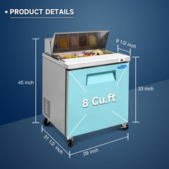 Orikool 29 IN Commercial Refrigerators Sandwich&Salad Prep Table with a Butcher Block Cutting Board, Protection Lid, Cold Storage, ETL Certified