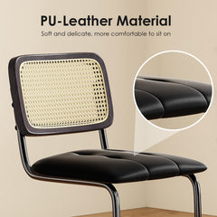 Counter Height Bar Stools Set of 2, Upholstered PU Leather Barstools with Rattan Back, 30 inch Stools Armless Bar Chairs for Kitchen Island, Black