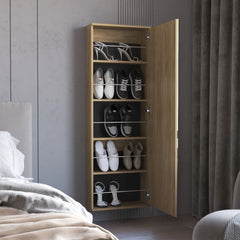 FM FURNITURE Queen Creek Shoe Rack with Mirror and One Door, Natural Oak