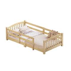 Twin Montessori Floor Bed with Slats and Safety Guardrails, Solid Wood Floor Bed with Fence and Without Door, Easy Assemble Montessori Bed for Girls and Boys, Natural