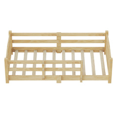 Twin Montessori Floor Bed with Slats and Safety Guardrails, Solid Wood Floor Bed with Fence and Without Door, Easy Assemble Montessori Bed for Girls and Boys, Natural