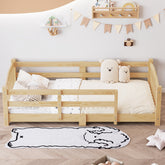 Twin Montessori Floor Bed with Slats and Safety Guardrails, Solid Wood Floor Bed with Fence and Without Door, Easy Assemble Montessori Bed for Girls and Boys, Natural