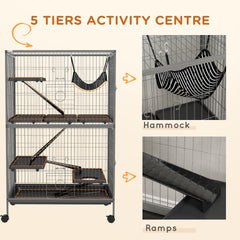 PawHut 50" 5-Tier Small Animal Cage, Ferret Cage, Large Chinchilla Cage with Hammock Accessory & Heavy-Duty Steel Wire, Small Animal Habitat with 4 Doors, Removable Tray, Gray