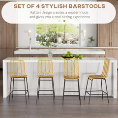 HOMCOM Rattan Bar Stools Set of 4, 26" Counter Height Barstools, Boho Kitchen Island Stools with Breathable Wicker Seat and Back, Yellow