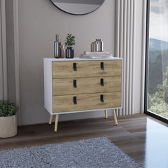 Dresser 29"H, 3 Drawers Dresser with Handles and Wooden Legs, White / Macadamia