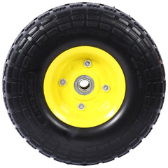 Heavy-Duty Flat free PU foam Tire and Wheel - 4.10/3.50-4", 10" Diameter, 5/8" Axle Bore Hole, 2.2" Offset Hub and Double Sealed Bearings for Hand Trucks Replacement, Black color with yellow rim