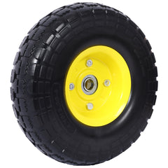 Heavy-Duty Flat free PU foam Tire and Wheel - 4.10/3.50-4", 10" Diameter, 5/8" Axle Bore Hole, 2.2" Offset Hub and Double Sealed Bearings for Hand Trucks Replacement, Black color with yellow rim