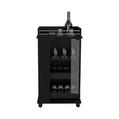 Bar Cart with Glass Door, 2-Side Shelves and Casters, Black