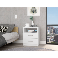 Nightstand 20"H, Two Drawers, Open Shelf, Superior Top, White