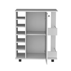 White 4-wheel bar cart cabinet for kitchen or living room, with 6 side built-in bottle racks, 1 interior shelve, 2 side shelves, 2 space with wood door to store glasses, cups, coffee or snacks.