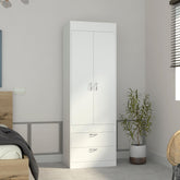 Armoire 70H inch, Double Door Cabinet, Two Drawers, Metal Handles, Rod, White