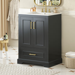 24"Bathroom Vanity with Sink, MDF Cabinet with Solid Wood Frame, 1 Divided Drawer and 2 Soft Close Doors with Dual Door Storage Racks, Freestanding Vanity