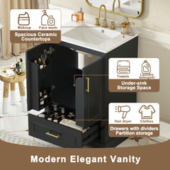 24"Bathroom Vanity with Sink, MDF Cabinet with Solid Wood Frame, 1 Divided Drawer and 2 Soft Close Doors with Dual Door Storage Racks, Freestanding Vanity