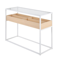 Display Contemporary Console Table in White Metal, Natural Wood, and Clear Glass by LumiSource