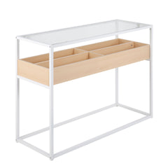 Display Contemporary Console Table in White Metal, Natural Wood, and Clear Glass by LumiSource