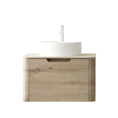 XAI 24" Bathroom Vanity with Sink, Wall-Mounted Plywood Storage Cabinet with Drawer, White Round Ceramic Basin and Roma Travertine-Pattern Sintered Stone Top, Pre-assembled, White Oak Woodgrain Color