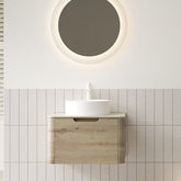 XAI 24" Bathroom Vanity with Sink, Wall-Mounted Plywood Storage Cabinet with Drawer, White Round Ceramic Basin and Roma Travertine-Pattern Sintered Stone Top, Pre-assembled, White Oak Woodgrain Color