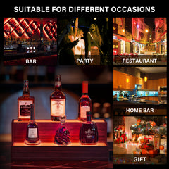 LED Lighted Liquor Bottle Display Shelf, 20 Inch Bar Display Shelf, DIY Illuminated Bottle Shelf with App & Remote Control, 2 Step Freestanding Holding Bottles for Home Bar, Party, Walnut