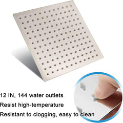 12 Inch Brushed Nickel Rain Shower Head, Square Ultra Thin 304 Stainless Steel High Pressure Shower Head Waterfall Full Body Coverage Waterfall Shower Head