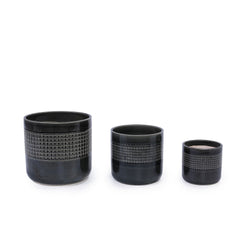 Handmade Black Glazed Ceramic Planter Set of 3, 9" 7" 6" Diameter, Grid Pattern, for Succulents & Cacti Indoor/Outdoor Shelf & Table Use, Porous Clay with Drainage Holes