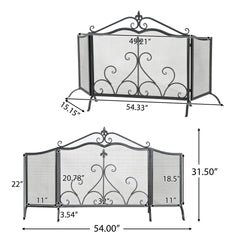 Onyx 3-Panel Iron Fireplace Screen 54" x 31.5", Black Finish