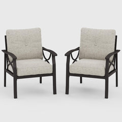 Set of 2 All-Weather Metal Armchairs, Khaki Frame with Beige Cushions