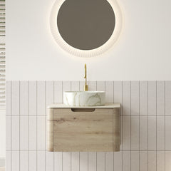 XAI 24" Bathroom Vanity&Sink, Floating Plywood Storage Cabinet with Drawer, Ceramic Basin with Stone Pattern& Travertine-Pattern Sintered Stone Top, Pre-assembled, White Oak Woodgrain Color (New SKU)