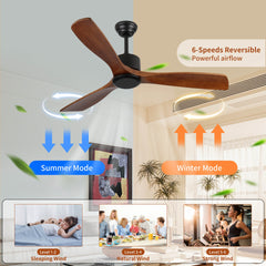 52" Wood Ceiling Fan NO light, 3 Reversible Blades, with 6 Speeds Reversible DC Motor,Low Profile Ceiling Fan with no light for Living Room Kitchen Bedroom