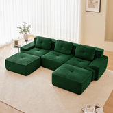 117" Modern U-Shaped Modular Sectional Sofa for Living Room, Corduroy Fabric, 3-Seater Couch with Deep Seat and Movable Ottoman,Pearl-like piping, Tufted Design,No Assembly, Anti-slip Design,Green