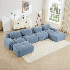 U-shaped modular sofa no assembly breathable corduroy fabric 32D high-resilience sponge extra-wide curved armrests pet-friendly ergonomic design for living rooms bedrooms,Blue