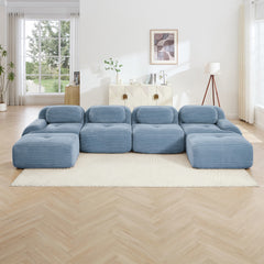 U-shaped modular sofa no assembly breathable corduroy fabric 32D high-resilience sponge extra-wide curved armrests pet-friendly ergonomic design for living rooms bedrooms,Blue