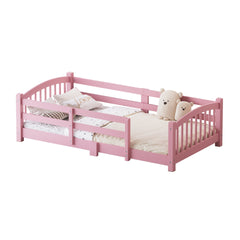 Twin Montessori Floor Bed with Slats and Safety Guardrails, Solid Wood Floor Bed with Fence and Without Door, Easy Assemble Montessori Bed for Girls and Boys, Pink