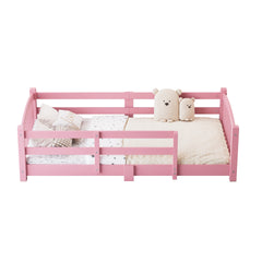 Twin Montessori Floor Bed with Slats and Safety Guardrails, Solid Wood Floor Bed with Fence and Without Door, Easy Assemble Montessori Bed for Girls and Boys, Pink
