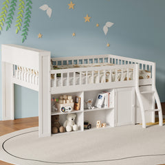 Full Size Loft Bed with Storage, Headboard with LED Light, White