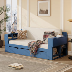 Queen Size Daybed with Removable Desk, Storage Drawers & Hydraulic Side Table, Blue