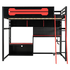 Full Size Wood Loft Bed with Desk, Shelves, LED Lights, USB Ports and Pegboard, Black+Red