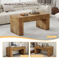 48" Farmhouse Coffee Table, Rectangle Wooden Center Table with Hidden Storage Drawer, Thick Coffee Tables for Living Room, Office, Apartment, Rest Area, Natural Wood Color