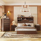 4PCS Bedroom Sets, Wooden Queen Size Bed Frame with Storage Headboard and Charging Station, 2 Nightstands with 2 Drawers, 1 Dresser with 5 Drawers, Walnut