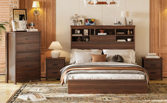 4PCS Bedroom Sets, Wooden Queen Size Bed Frame with Storage Headboard and Charging Station, 2 Nightstands with 2 Drawers, 1 Dresser with 5 Drawers, Walnut
