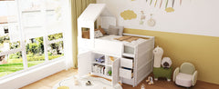 Twin Size Wooden Loft Bed with Desk, Drawers,Cabinets,White