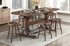Brown Finish 7pc Counter Height Set Dining Table w Metal Footrest and 6x Stools Sturdy Wood Frame Classic Aesthetic Furniture